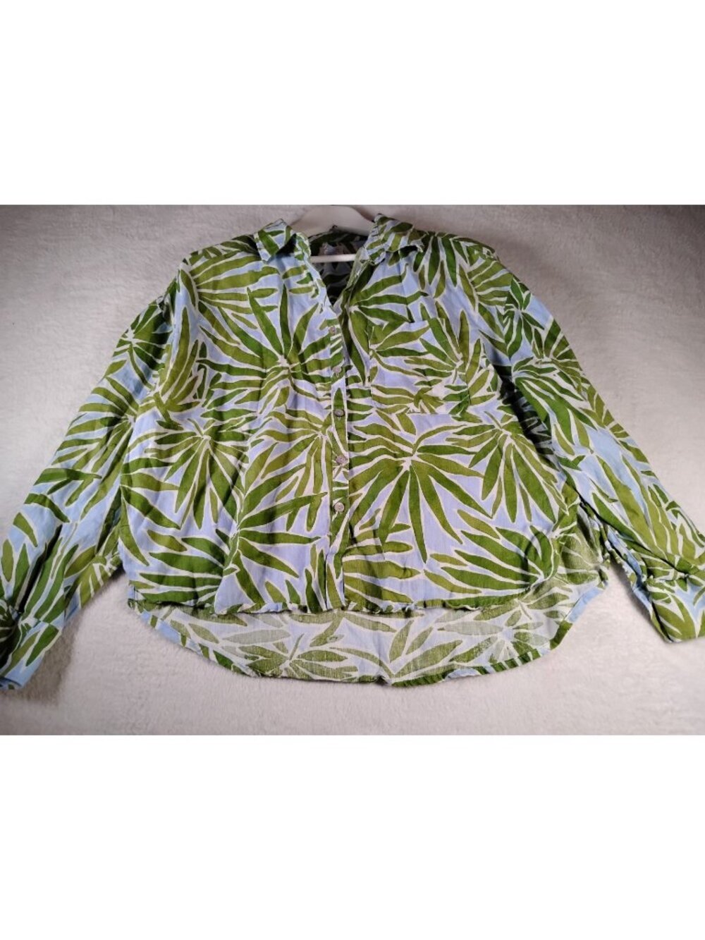 Sigrid Olsen Linen Blouse Hi Lo Tropical Long Sleeve Resort Size M Green Pocket - Picture 1 of 6